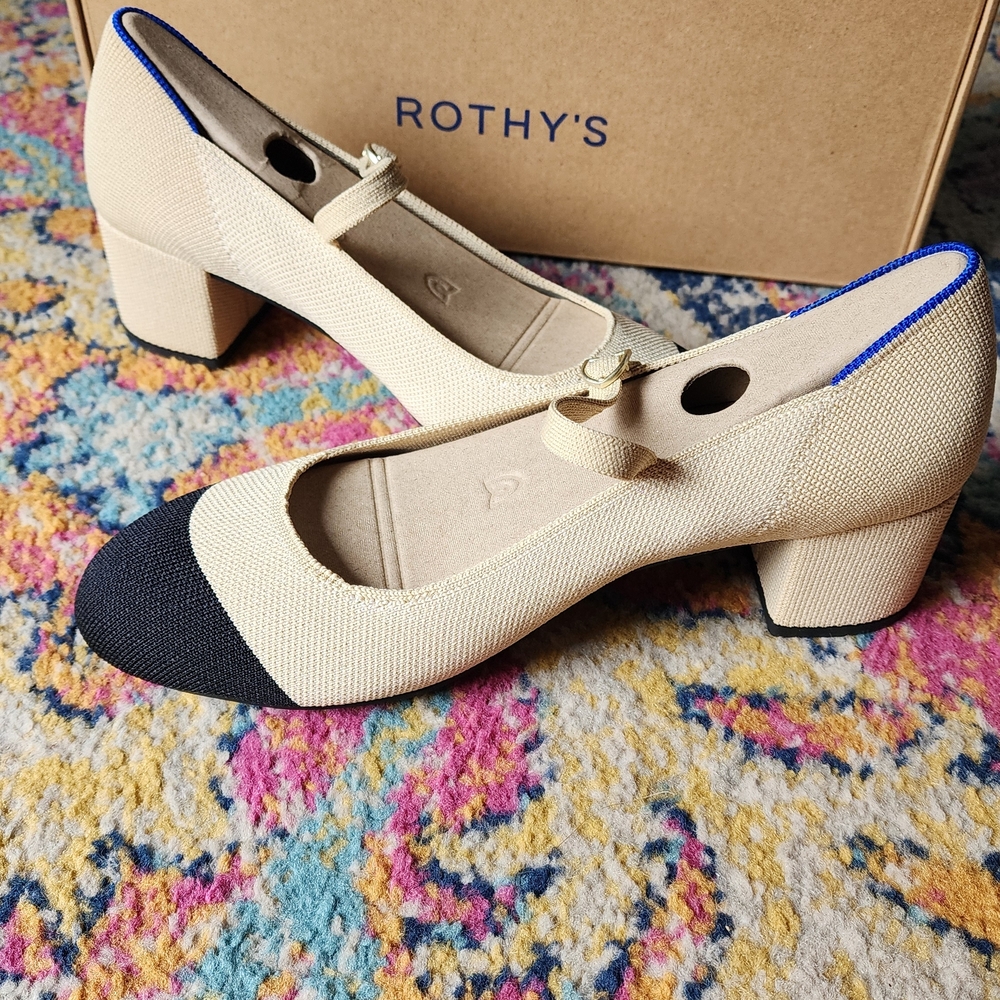 Rothy's Two-Tone Mary Jane Block Heel in Beige with Black Toe